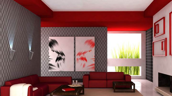 Red Sofa And Colorful Background in Guest Room